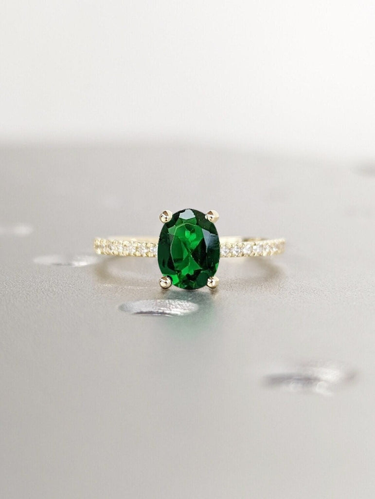 Classic Style Lab Emerald Engagement Ring, Oval Cut Engagement Ring, Yellow Gold Emerald Ring, Dainty Band, Accent Round Diamond/Moissanite