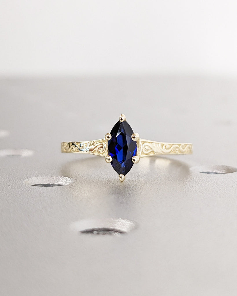 Solitaire Blue Lab Sapphire Art Deco Engagement Ring, 14K Yellow Gold Filigree Wedding Band, Petite Thin Band, Marquise Ring, Statement Ring