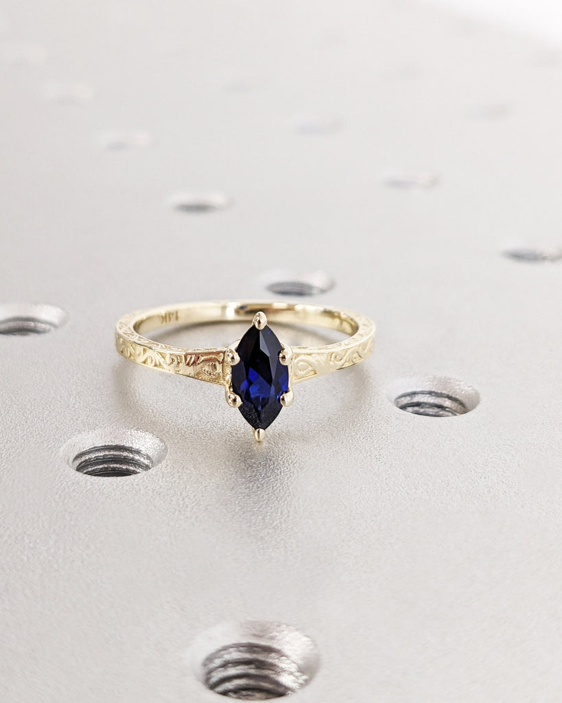 Solitaire Blue Lab Sapphire Art Deco Engagement Ring, 14K Yellow Gold Filigree Wedding Band, Petite Thin Band, Marquise Ring, Statement Ring