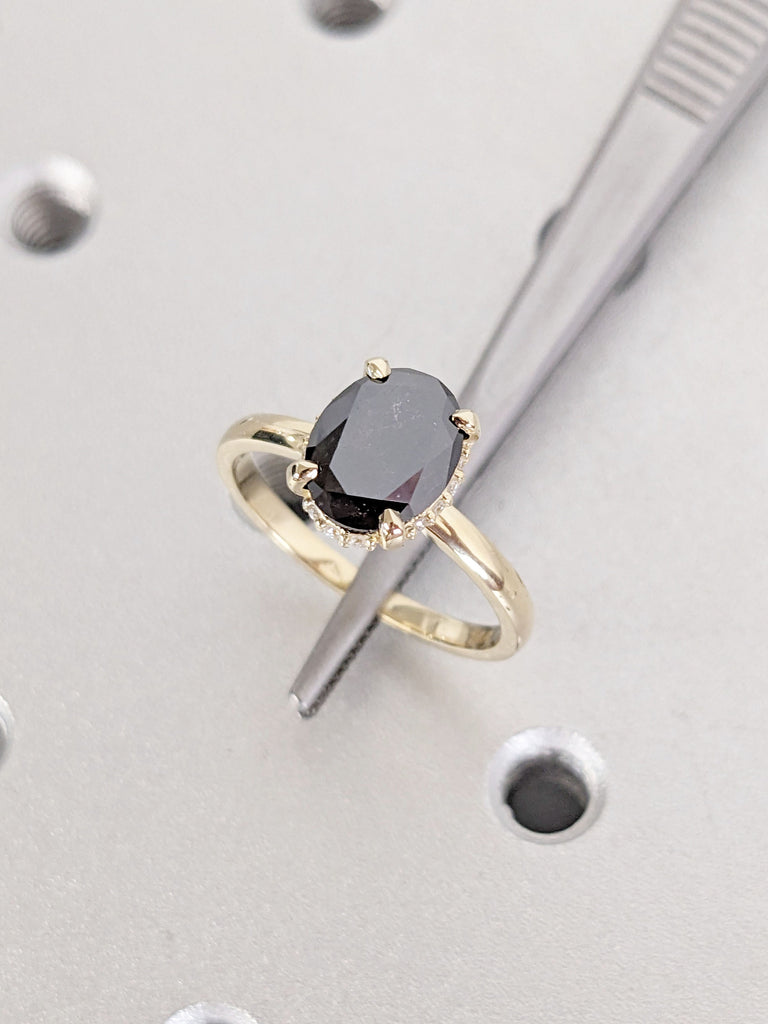 Engagement Ring 1-3ct Black Salt and Pepper Diamond | Oval Cut Diamond 14k Yellow Gold Promise Ring | Lab Diamond Hidden Halo Ring