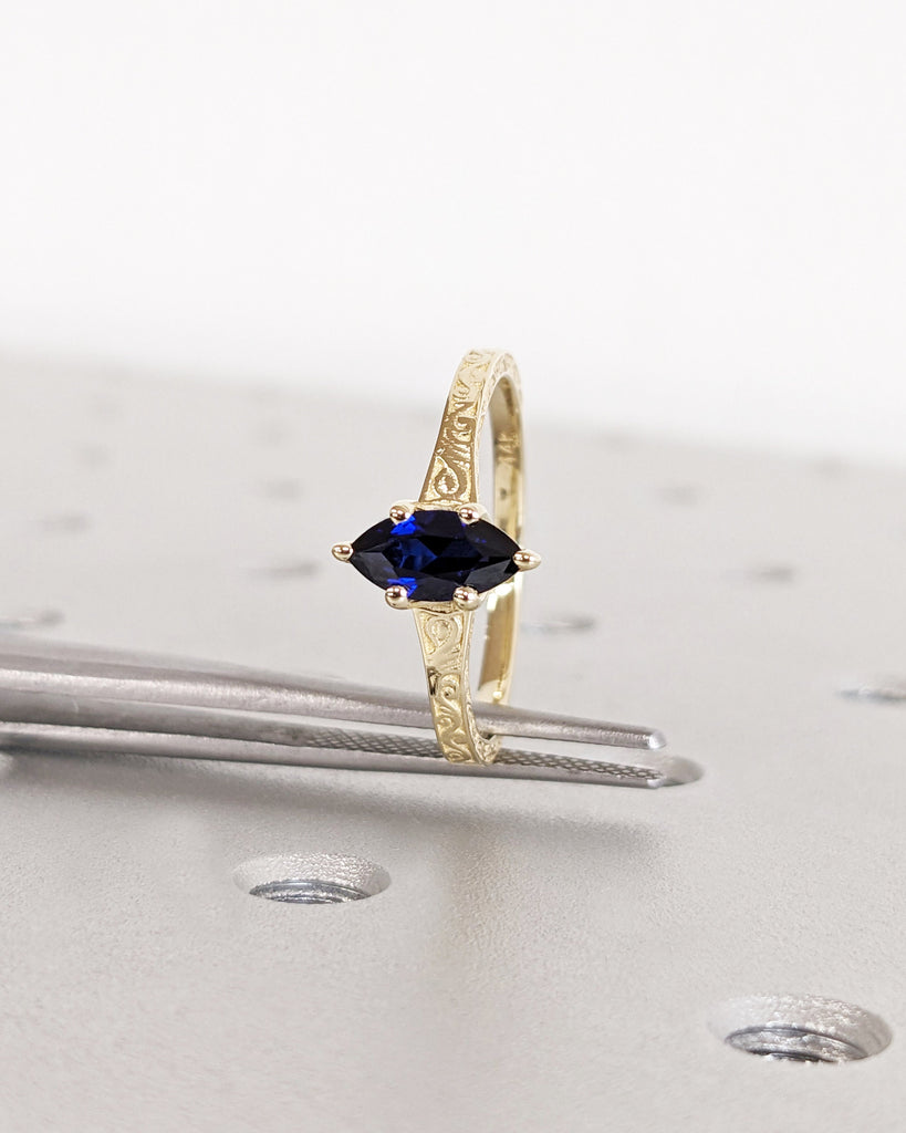 Solitaire Blue Lab Sapphire Art Deco Engagement Ring, 14K Yellow Gold Filigree Wedding Band, Petite Thin Band, Marquise Ring, Statement Ring