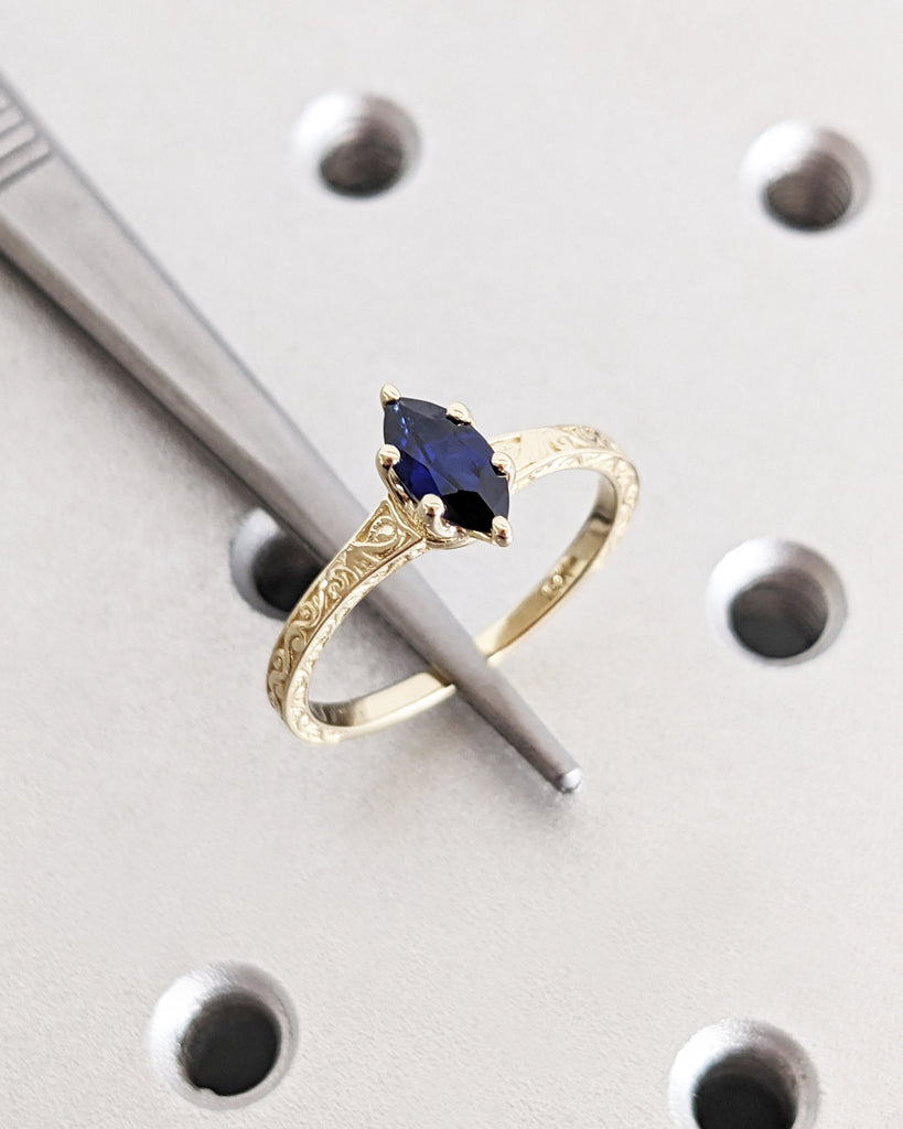 Solitaire Blue Lab Sapphire Art Deco Engagement Ring, 14K Yellow Gold Filigree Wedding Band, Petite Thin Band, Marquise Ring, Statement Ring