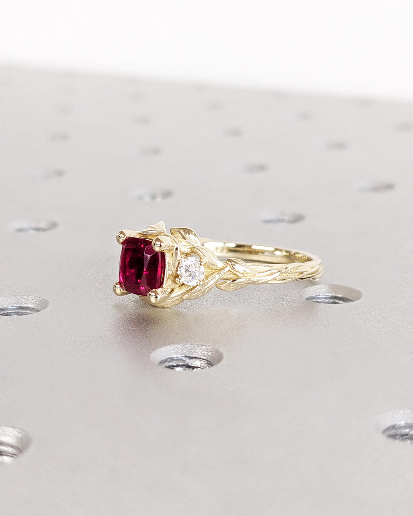 Cushion cut Lab Grown Ruby 14K Yellow Gold Rustic Promise Ring | Nature Inspired Leaves Motif Custom Engagement Wedding Anniversary Ring