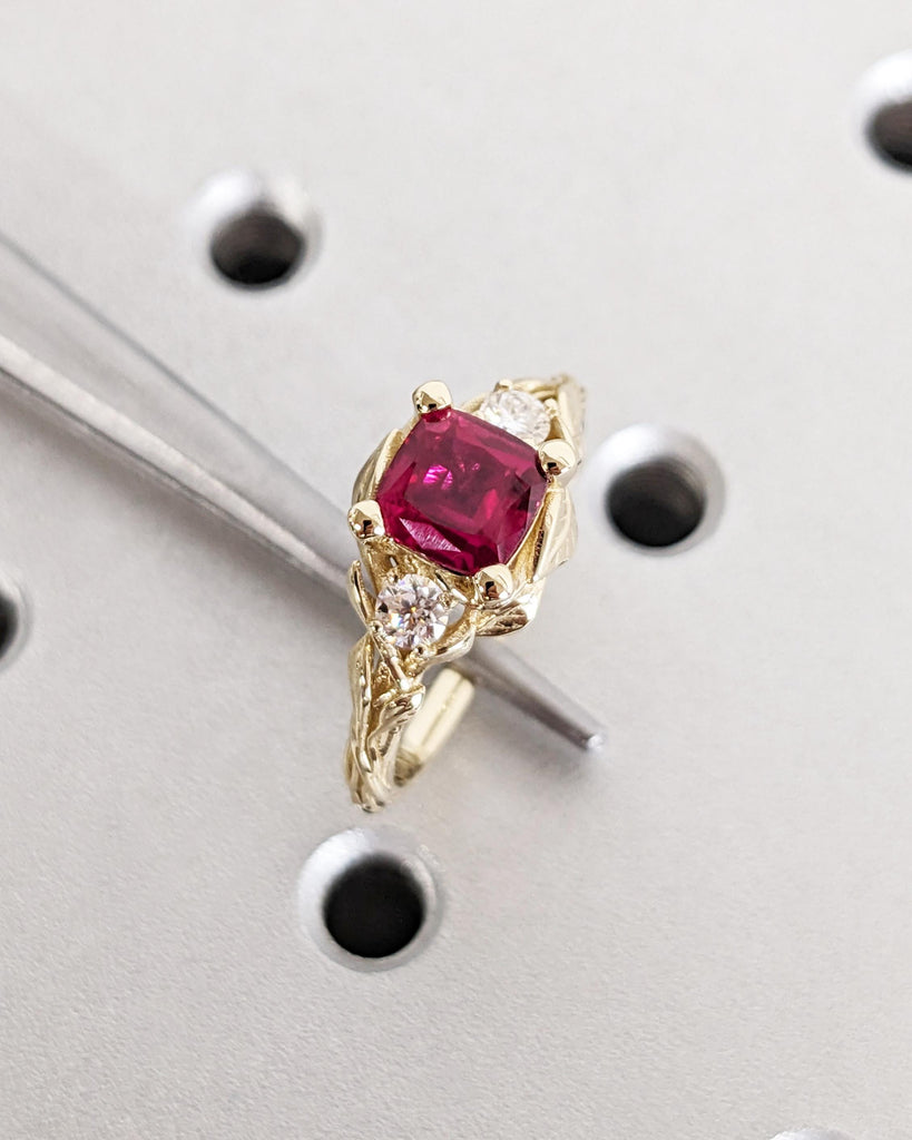 Cushion cut Lab Grown Ruby 14K Yellow Gold Rustic Promise Ring | Nature Inspired Leaves Motif Custom Engagement Wedding Anniversary Ring