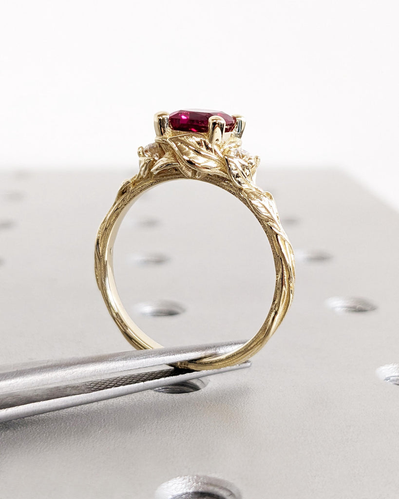 Cushion cut Lab Grown Ruby 14K Yellow Gold Rustic Promise Ring | Nature Inspired Leaves Motif Custom Engagement Wedding Anniversary Ring