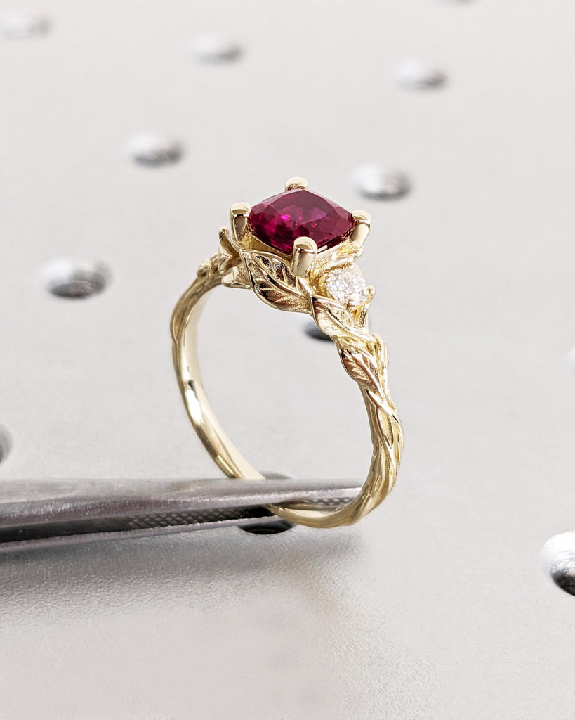 Cushion cut Lab Grown Ruby 14K Yellow Gold Rustic Promise Ring | Nature Inspired Leaves Motif Custom Engagement Wedding Anniversary Ring