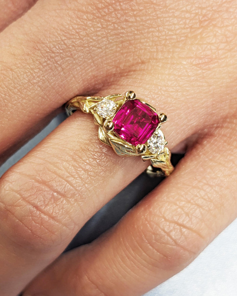 Cushion cut Lab Grown Ruby 14K Yellow Gold Rustic Promise Ring | Nature Inspired Leaves Motif Custom Engagement Wedding Anniversary Ring