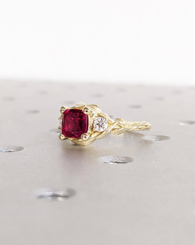 Cushion cut Lab Grown Ruby 14K Yellow Gold Rustic Promise Ring | Nature Inspired Leaves Motif Custom Engagement Wedding Anniversary Ring