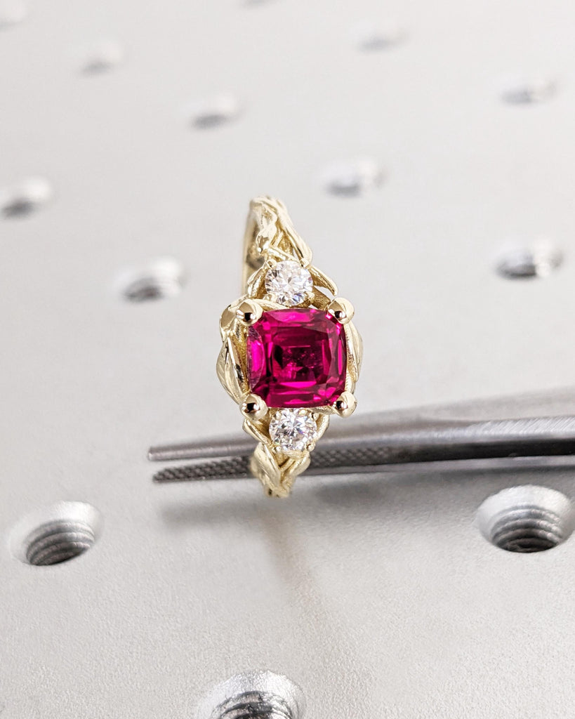 Cushion cut Lab Grown Ruby 14K Yellow Gold Rustic Promise Ring | Nature Inspired Leaves Motif Custom Engagement Wedding Anniversary Ring