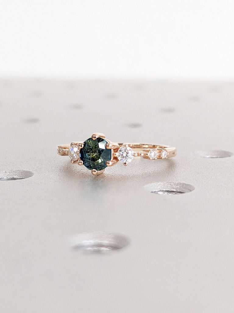 Vintage Blue Green Sapphire Engagement Ring, Dainty Rose Gold Wedding Ring, Unique Cluster Lab Diamond Ring, Round cut Bridal Promise Anniversary Ring