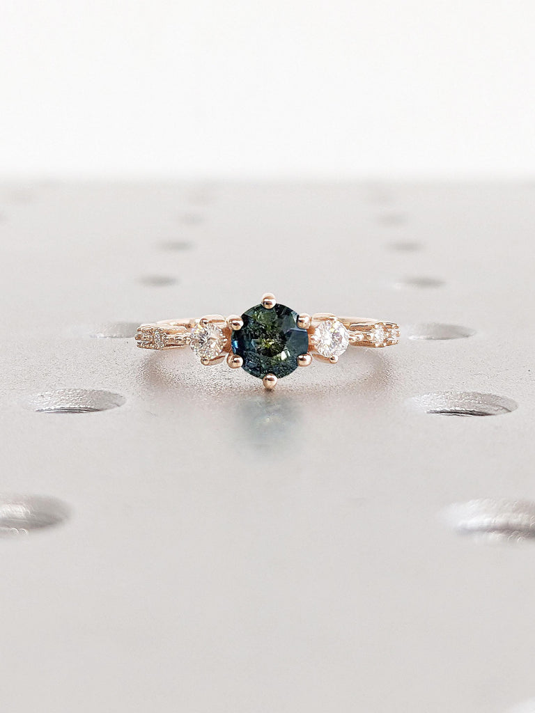 Round Cut Teal Sapphire Ring | Dainty Engagement Ring | 14K Rose Gold Ring | Prong Set Ring | 3 Stone Promise Bridal Ring | Ring For Women