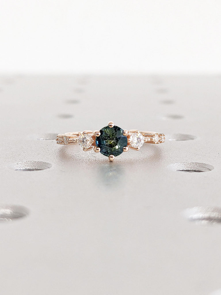 Round Cut Teal Sapphire Ring | Dainty Engagement Ring | 14K Rose Gold Ring | Prong Set Ring | 3 Stone Promise Bridal Ring | Ring For Women