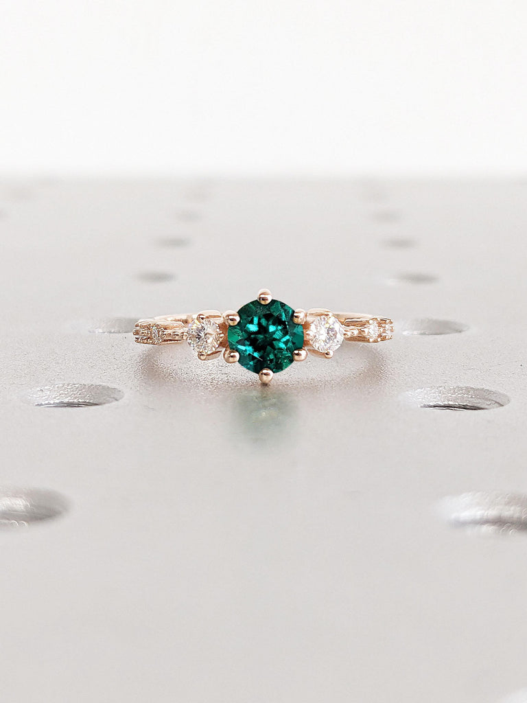 14K Rose Gold Emerald Engagement Ring | Art Deco Green Solitaire Ring Vintage Anniversary Ring | Dainty Prong set Emerald Ring, Promise Ring