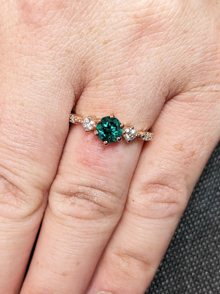 Dainty Engagement Ring | Round Cut Emerald Promise Ring | 14K Rose Gold Ring | Prong Set Ring | Bridal Ring For Women