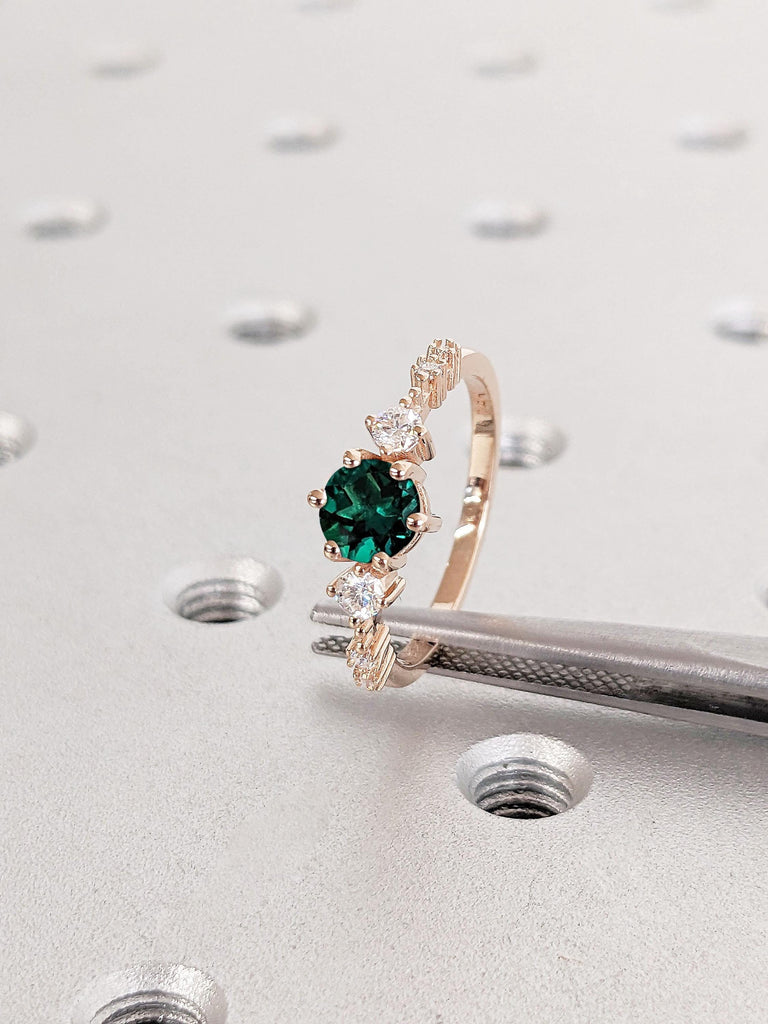 Perfect Emerald Diamonds Engagement Ring for Wife to Be | Round cut Green Emerald Wedding Ring | Delicate Lab Diamond Cluster Promise Ring