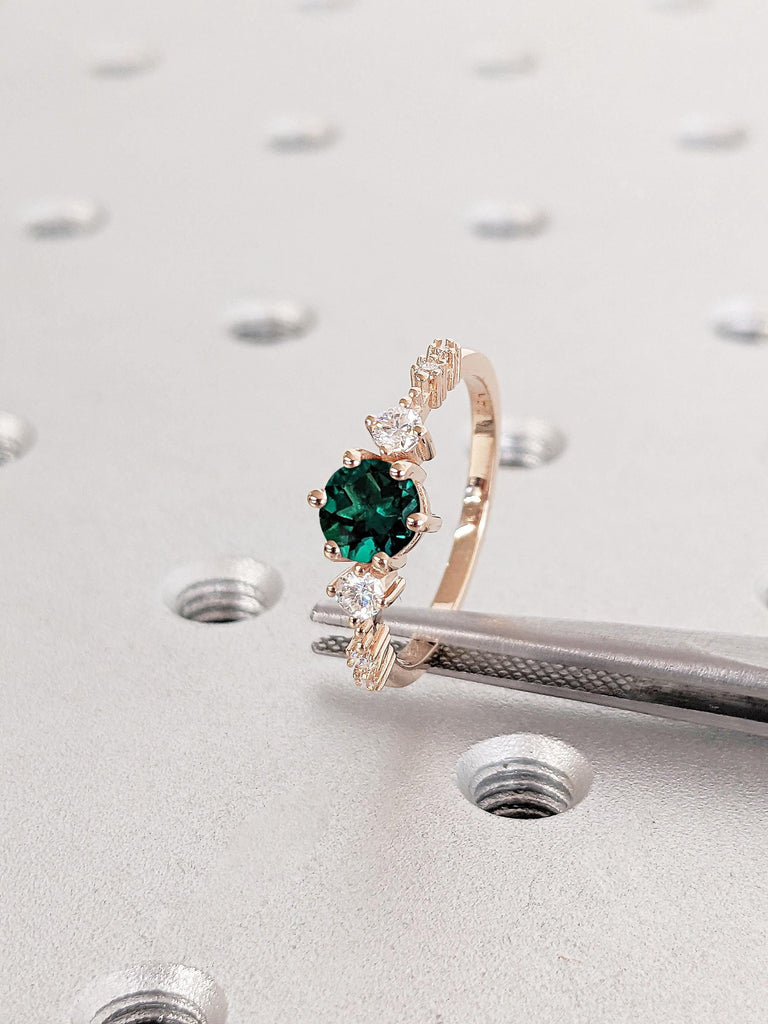 Round Cut Green Emerald Ring / Lab Emerald Engagement Ring / Dainty Emerald Ring / 14K Rose Gold Floating Diamond Promise Ring / Anniversary