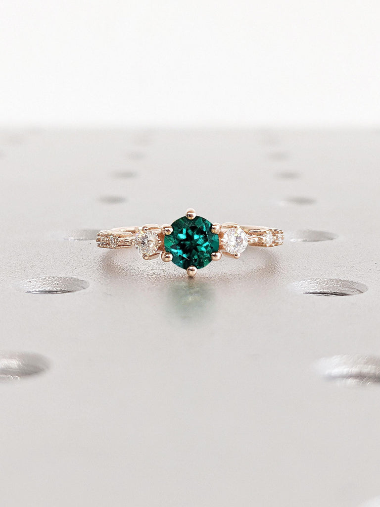 Perfect Emerald Diamonds Engagement Ring for Wife to Be | Round cut Green Emerald Wedding Ring | Delicate Lab Diamond Cluster Promise Ring