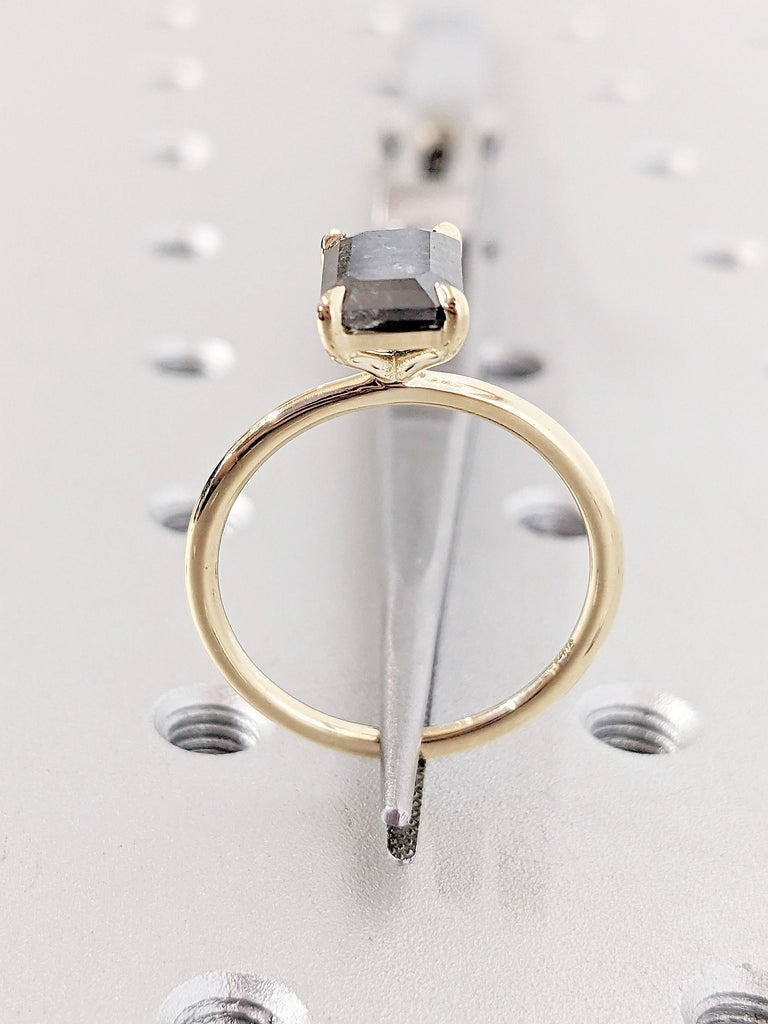 Emerald cut Unique Salt and Pepper Grey Diamond Ring | Talon Prong Ring | Simple Promise Ring for Her | Solid Gold, Platinum Bridal Jewelry