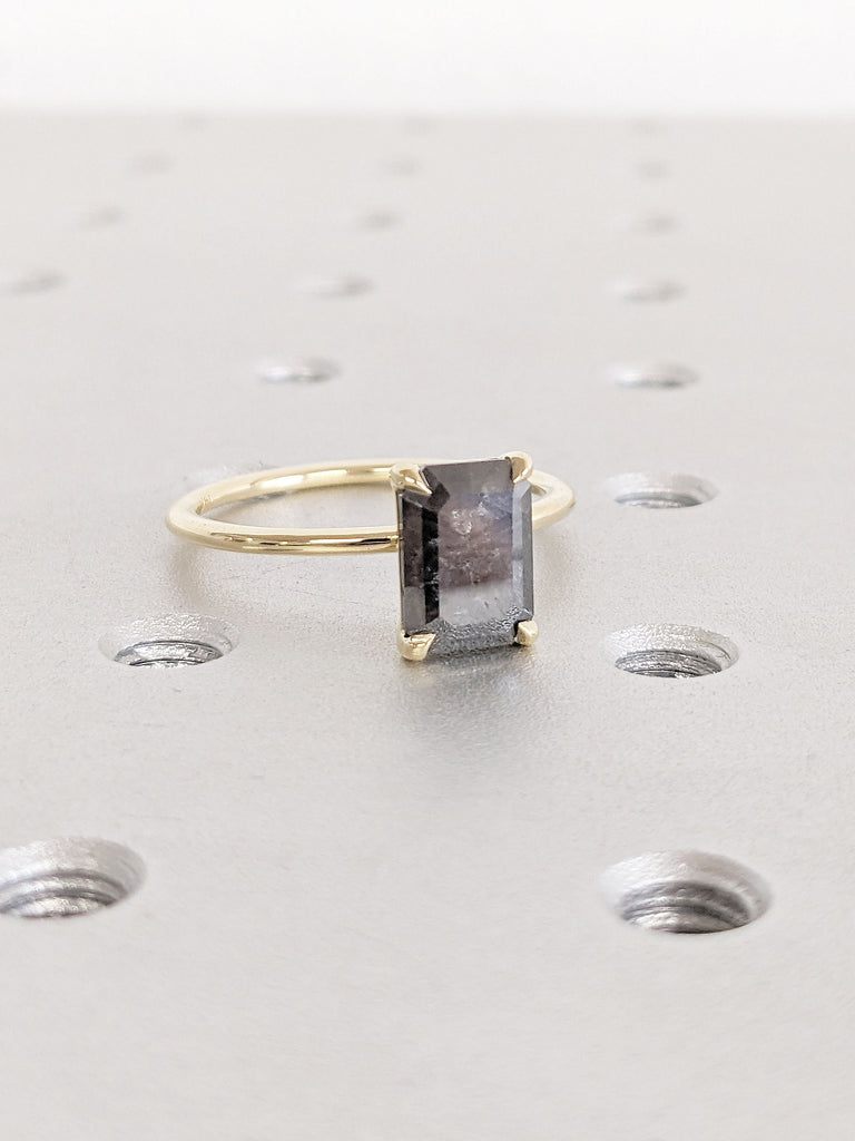 Emerald cut Unique Salt and Pepper Grey Diamond Ring | Talon Prong Ring | Simple Promise Ring for Her | Solid Gold, Platinum Bridal Jewelry