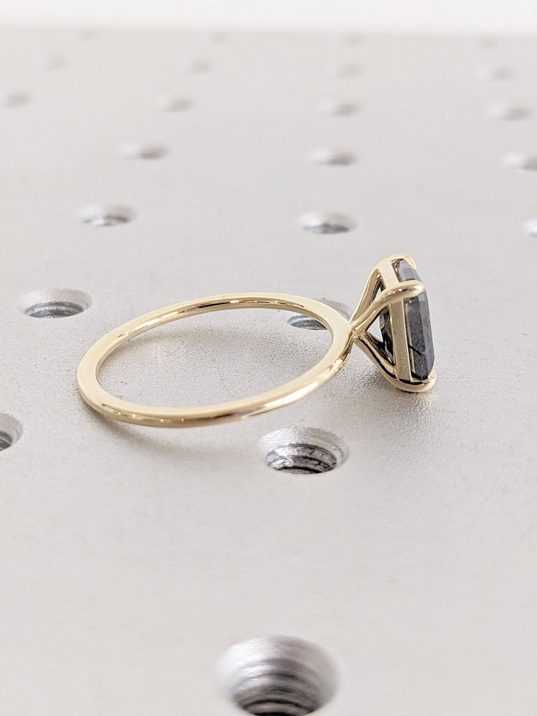 Emerald cut Unique Salt and Pepper Grey Diamond Ring | Talon Prong Ring | Simple Promise Ring for Her | Solid Gold, Platinum Bridal Jewelry