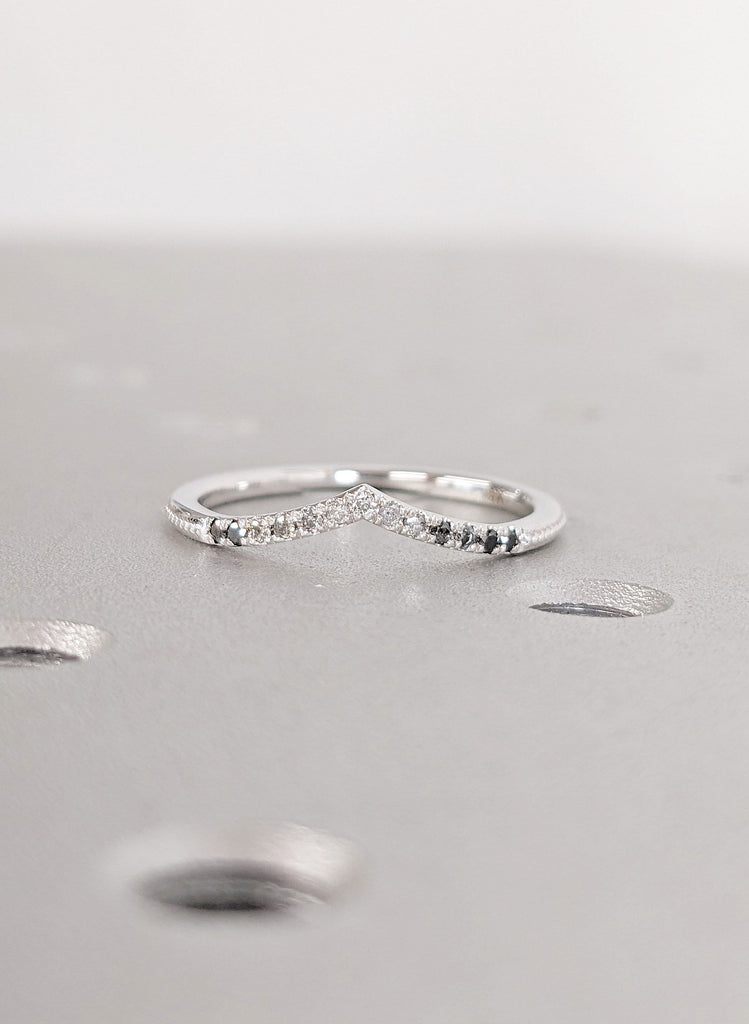 Milgrain Curved Thin Wedding Ring | Minimalist White Gold Diamond Eternity Band