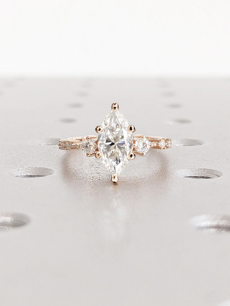 Perfect Marquise Lab Grown Diamond Engagement Ring for Wife to Be | 14K Rose Gold Promise Ring | Art Deco Diamond Cluster Engagement Ring