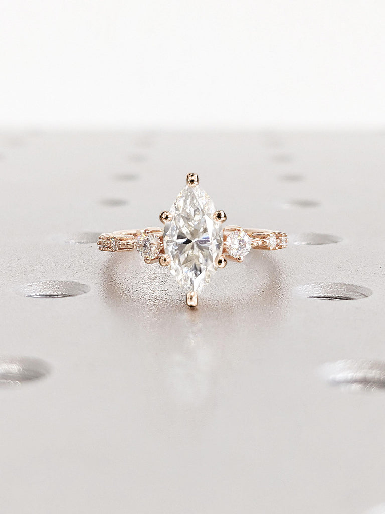 14K Rose Gold Vintage Moissanite Cluster Engagement Ring | Prong Set Ring | Woman Wedding Anniversary Ring