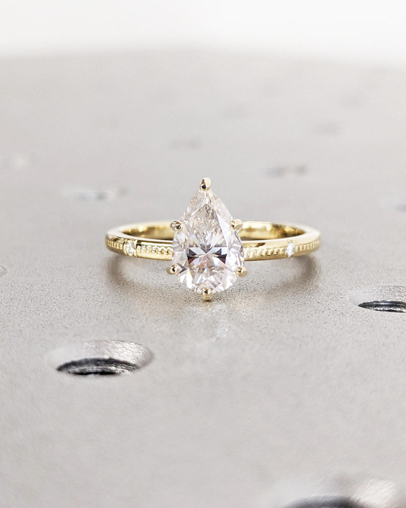 Pear Cut Moissanite Ring, Unique 14k Yellow Gold Engagement Ring, Beaded Wedding Rings for Women, Vintage Statement Ring, Bridal Jewelry