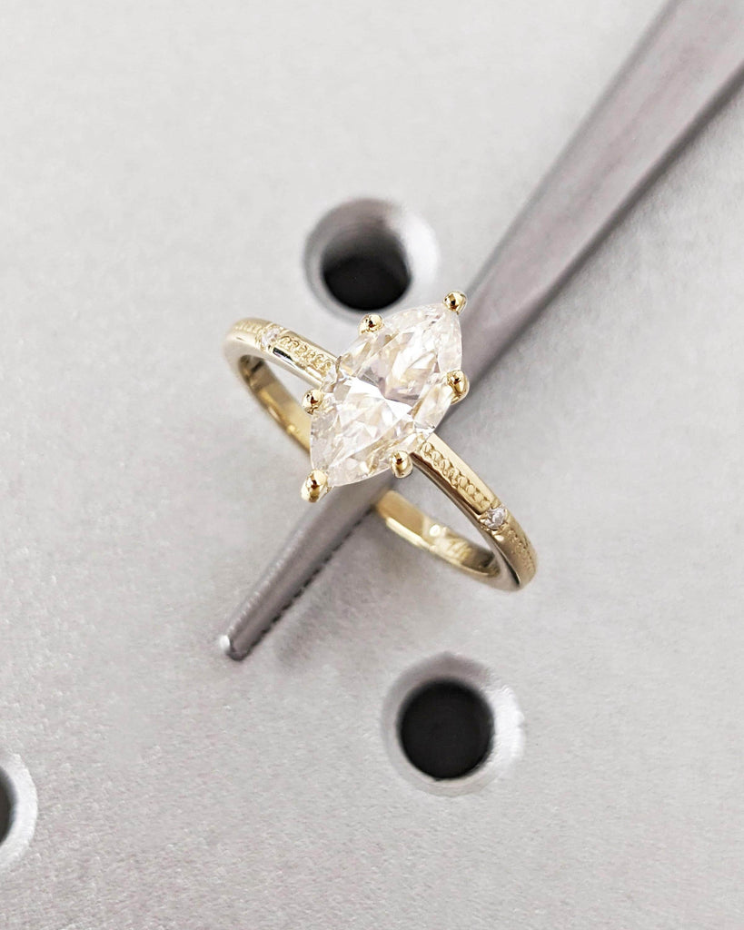 Art Deco Moissanite Promise Ring | Marquise Cut 14k Yellow Gold Wedding Ring | Beaded Engagement Ring | Proposal Ring | Bridal Gift for Her