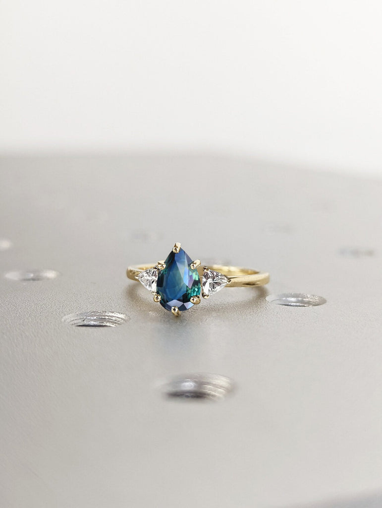 1CT Pear cut Teal Sapphire Woman Engagement Ring | 14K Yellow Gold Diamond Cluster Promise Ring | Unique Blue Green Birthstone Ring for Her