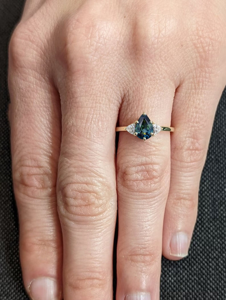 1CT Pear cut Teal Sapphire Woman Engagement Ring | 14K Yellow Gold Diamond Cluster Promise Ring | Unique Blue Green Birthstone Ring for Her