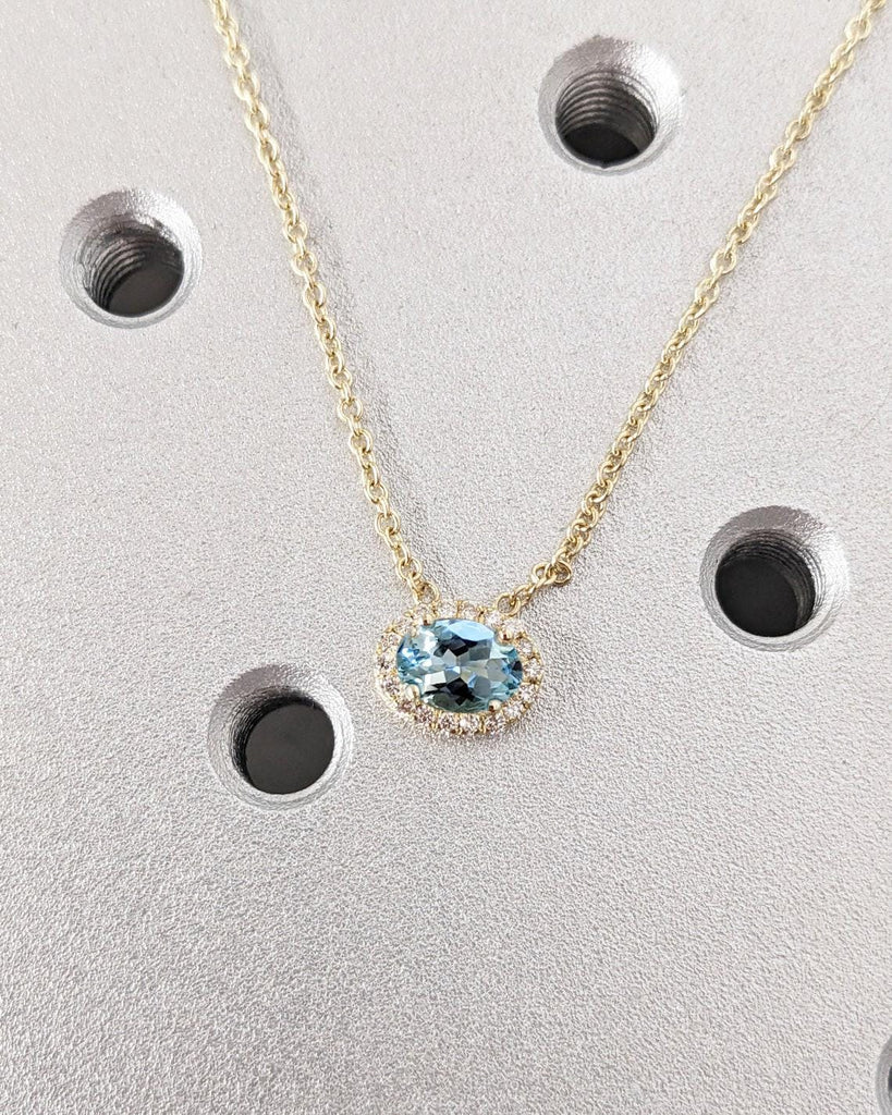 East West Lab Grown Aquamarine Necklace | Lab Diamond Halo Woman Necklace | Solid Yellow Gold Everyday Necklace | Chain Necklace | Solitaire Pendant | March Birthstone Necklace