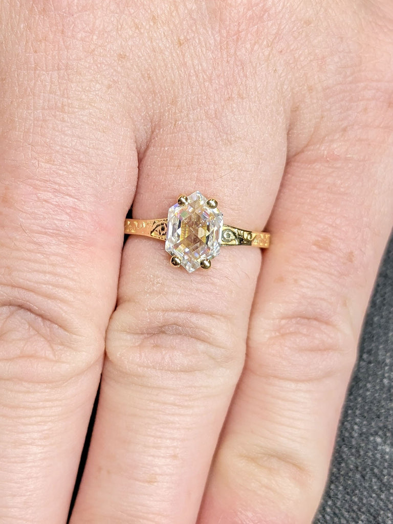 1CT Hexagon cut Moissanite Solitaire Vintage Inspired Engagement Ring | 18K Yellow Gold Filigree Engraving Wedding Band | Unique Gift for Her