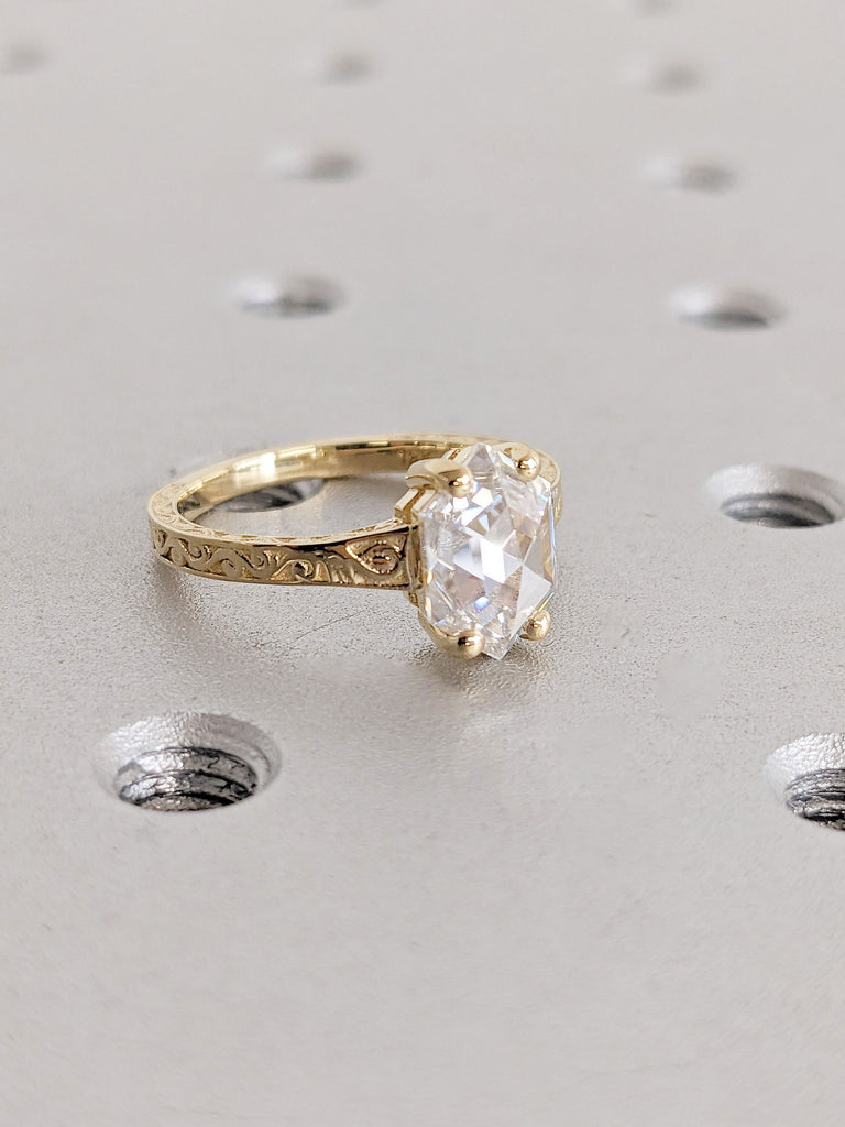 Hexagon cut Moissanite Solitaire Vintage Inspired Engagement Ring | 18K Yellow Gold Filigree Engraving Wedding Band | Unique Gift for Her