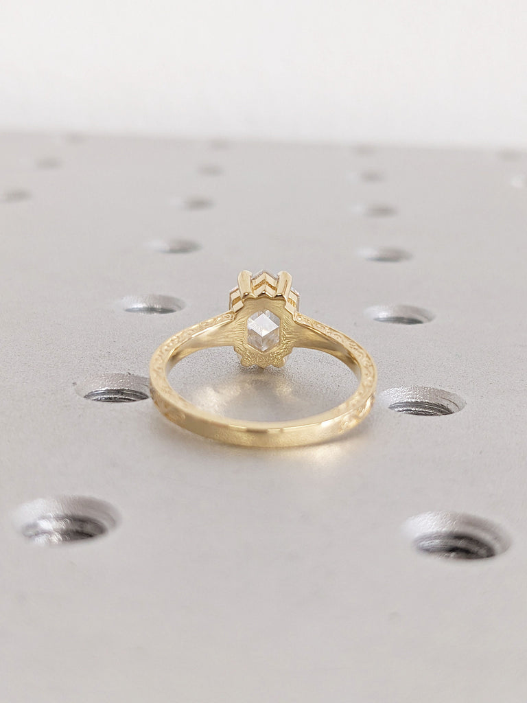 Hexagon cut Moissanite Solitaire Vintage Inspired Engagement Ring | 18K Yellow Gold Filigree Engraving Wedding Band | Unique Gift for Her