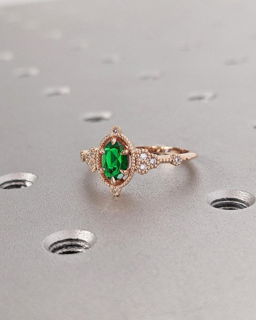 Vintage Oval Lab Grown Emerald Engagement Ring | Art Deco Milgrain Rose Gold Wedding Ring | Unique Moissanite Cluster Bridal Ring For Women