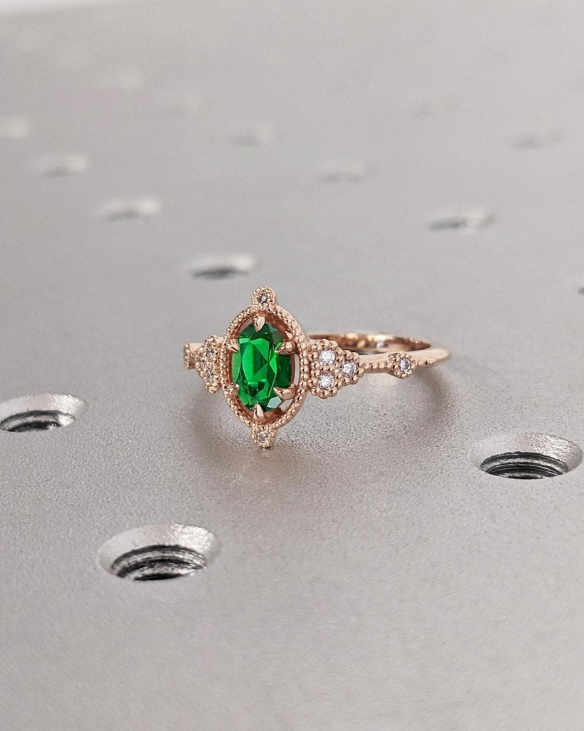 May Birthstone Green Emerald Solitaire Vintage Promise Ring for Her | 14K Rose Gold Art Deco Diamond Cluster Engagement Ring | Gift for Her