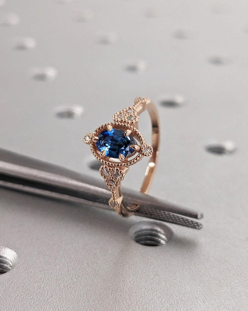 14k Rose Gold Blue Sapphire Ring, Oval Cut Sapphire Statement Ring, Vintage Promise Ring for Her, Anniversary Gift for Her, Art Deco Ring