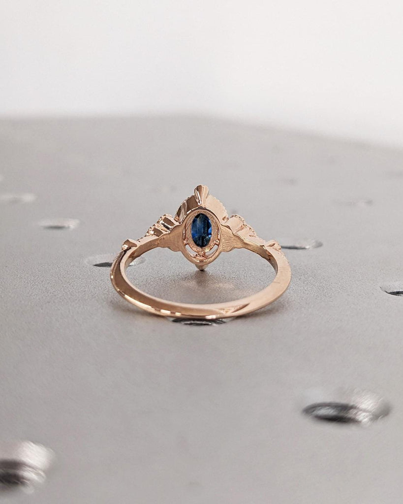 14K Rose Gold Ring | Oval Lab Sapphire Woman Engagement Ring | Art Deco Diamond Cluster Promise Ring | Antique Milgrain Edge Wedding Band