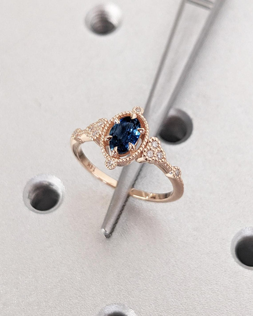 Royal Blue Sapphire Solitaire Ring | Vintage Promise Ring for Her | 14K Rose Gold Art Deco Diamond Cluster Engagement Ring | September Birthstone Ring Gift for Her