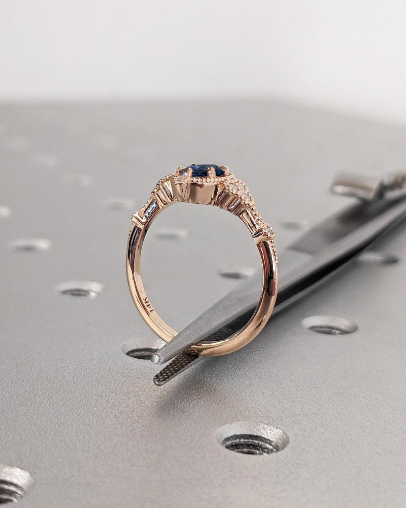 14k Rose Gold Blue Sapphire Ring, Oval Cut Sapphire Statement Ring, Vintage Promise Ring for Her, Anniversary Gift for Her, Art Deco Ring