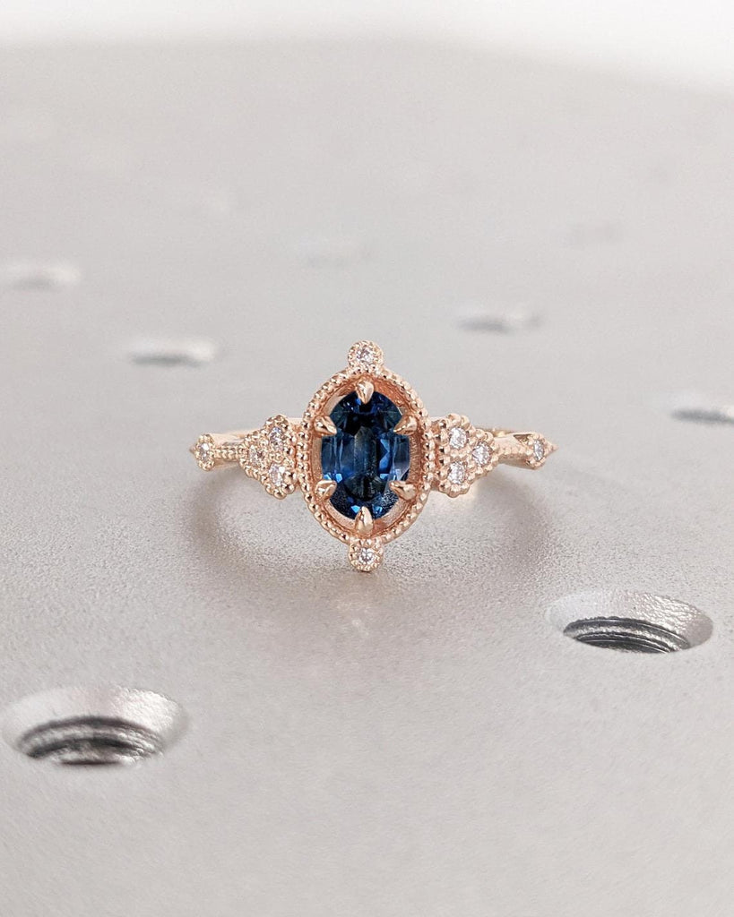 14K Rose Gold Ring | Oval Lab Sapphire Woman Engagement Ring | Art Deco Diamond Cluster Promise Ring | Antique Milgrain Edge Wedding Band