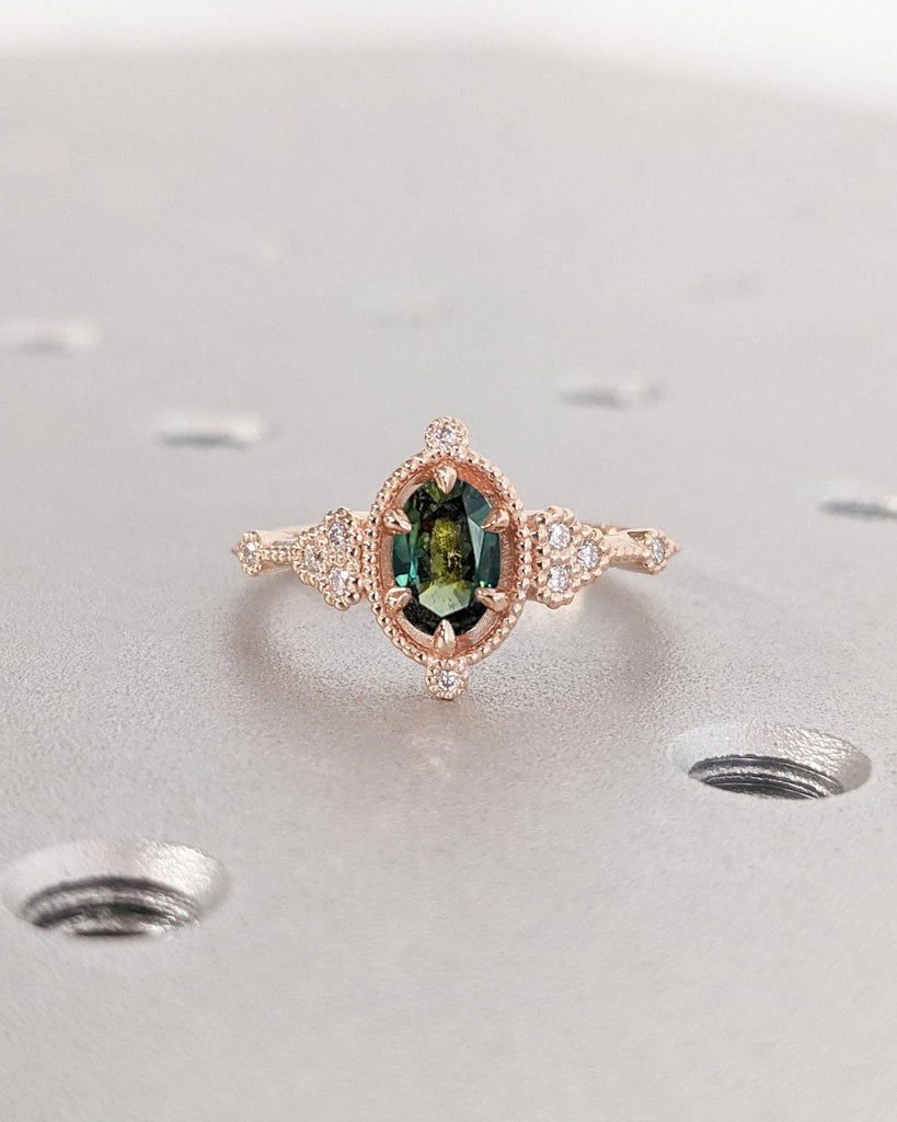 Art Deco Teal Sapphire and Diamond Cluster Engagement Ring for Her | Antique Milgrain Edge Wedding Band | 14K Rose Gold Ring | Oval Sapphire