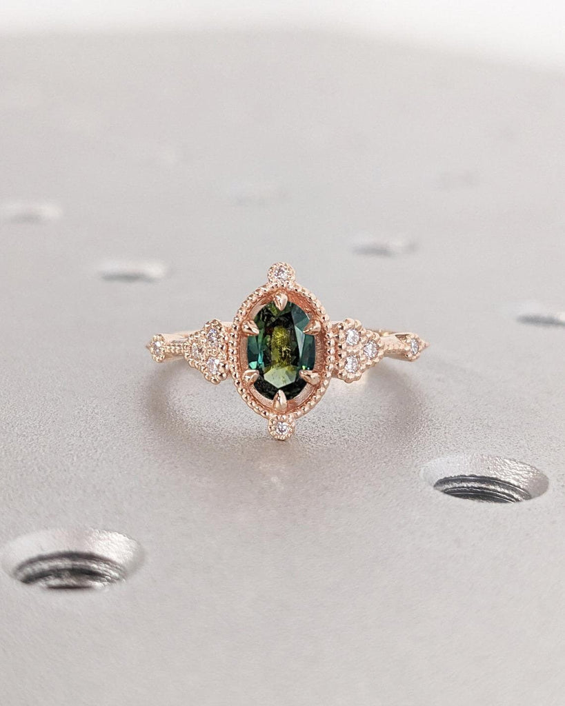 Art Deco Teal Sapphire and Diamond Cluster Engagement Ring for Her | Antique Milgrain Edge Wedding Band | 14K Rose Gold Ring | Oval Sapphire