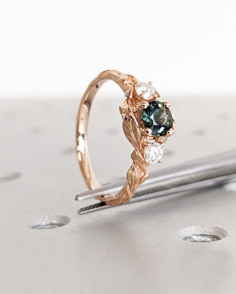 14K 18K White Gold Round Natural Montana Sapphire Engagement Cocktail Ring | Rustic Twigs Leaf Blue Green Crystal Promise Ring for Her