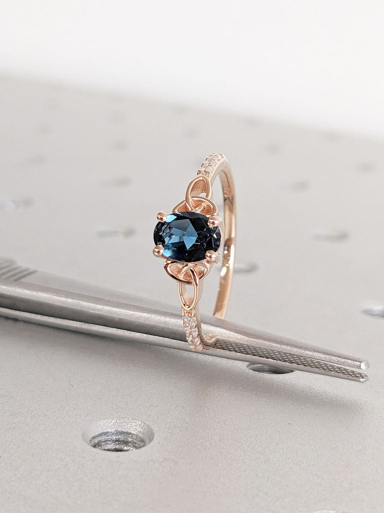 Celtic Love Knot London Blue Topaz Engagement Ring | 14k Rose Gold Lab Diamond Half Eternity Ring | Blue Gemstone Ring | Wedding Anniversary Ring