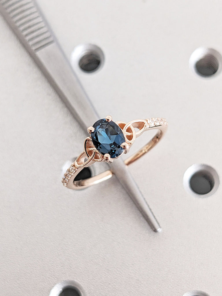 Vintage London Blue Topaz Engagement Ring | Celtic Love Knot Ring | Moissanite Eternity Band | Solid Rose Gold Wedding Ring