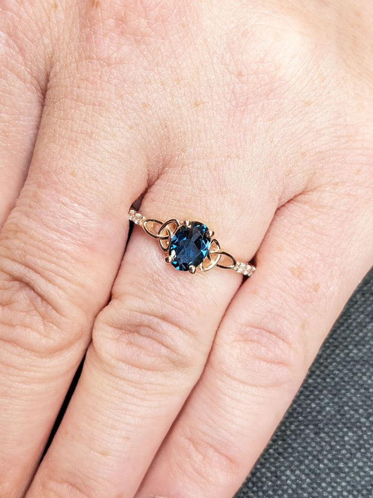 London Blue Topaz Celtic Knot Engagement Ring | 14k Rose Gold Vintage Design Solitaire Ring | 1-2ct Unique Natural London Blue Topaz Ring | December Birthstone