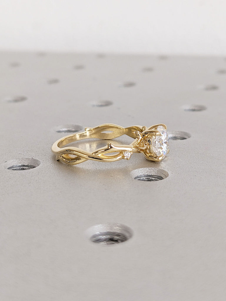 Round Moissanite Nature Inspired Engagement Ring | Simple Promise Ring for Her | Twig Branch Ring | 14K 18K Yellow Gold Ring | 6 Prong Ring