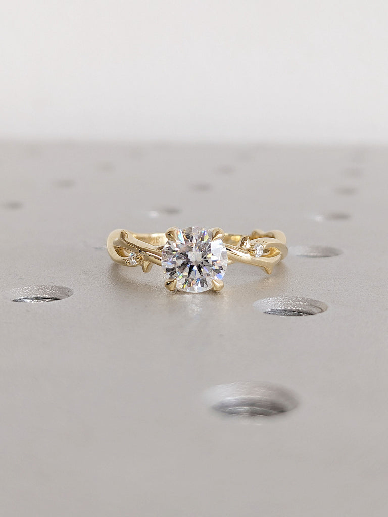 Round Moissanite Nature Inspired Engagement Ring | Simple Promise Ring for Her | Twig Branch Ring | 14K 18K Yellow Gold Ring | 6 Prong Ring